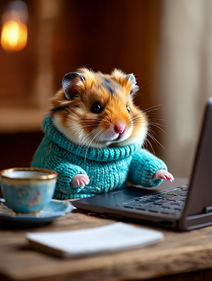 Hamster Baldrian im türkisfarbenen Strickpullover arbeitet fröhlich an einem Laptop im gemütlichen Homeoffice mit Tee und Notizblock.